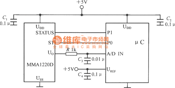 单片加速度传感器MMA1220D与单片机的接口电路图