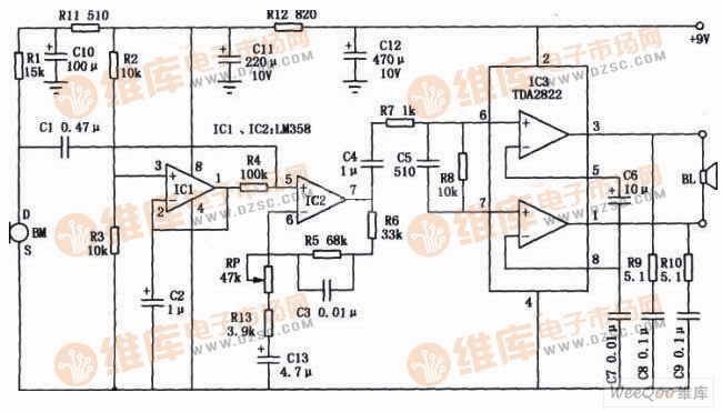 由LM358和TDA2822组成的喊话器电路