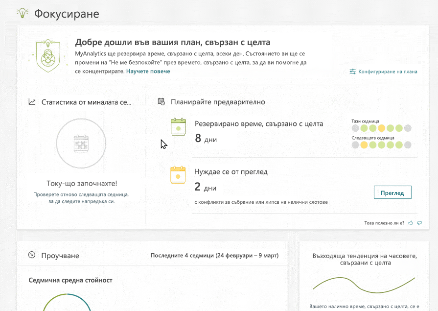 Табло на MyAnalytics с избран раздел за фокусиране. Потребител щраква върху "Пробвайте", за да започне, и автоматично е резервирал ежедневен интервал от време, свързано с целта. Календар на Outlook показва интервалите от време, свързано с целта, в зелено.