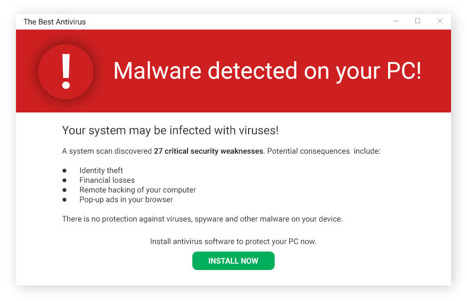 Um exemplo de scareware, que visa assustar e induzir o download de um software antivírus falso.