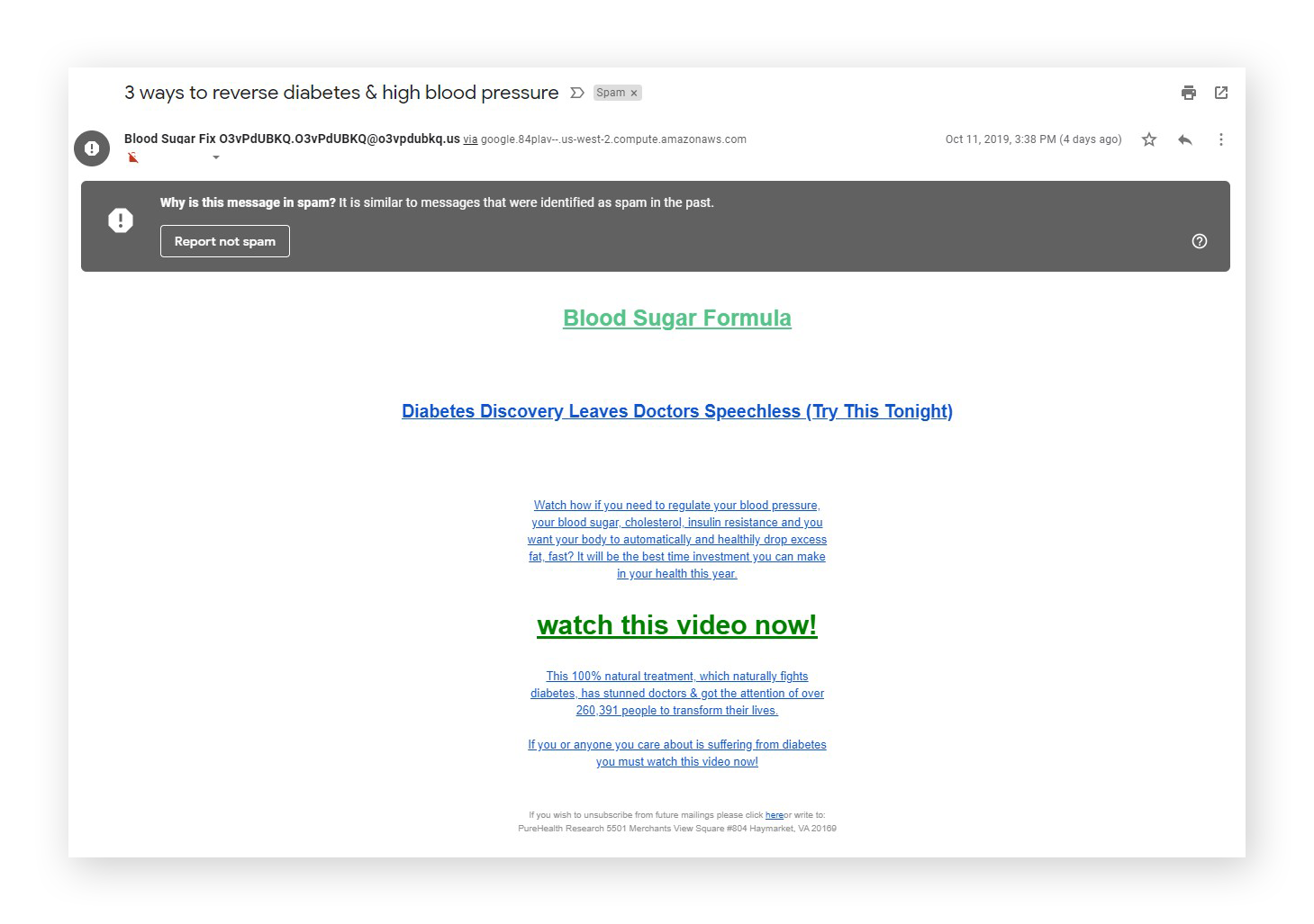 A spam email promoting an unproven miracle treatment for diabetes.