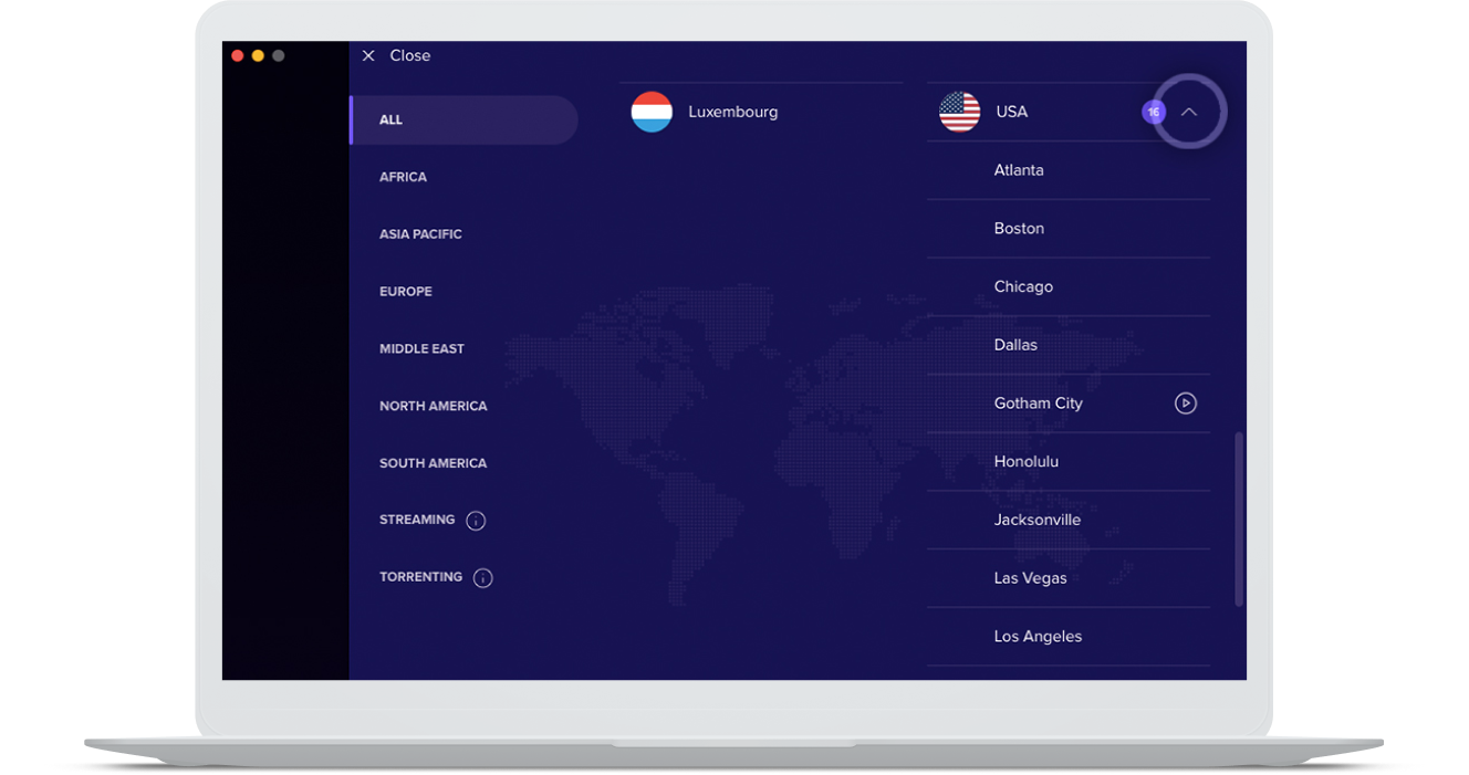 Seleccione una de las 16 ubicaciones de servidores VPN en los Estados Unidos con Avast SecureLine VPN.