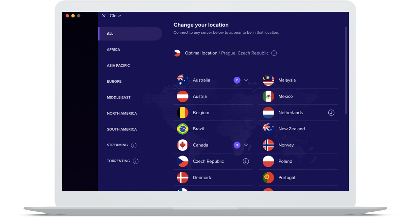 Filtre la lista de ubicaciones de los servidores VPN de Avast SecureLine por región global.