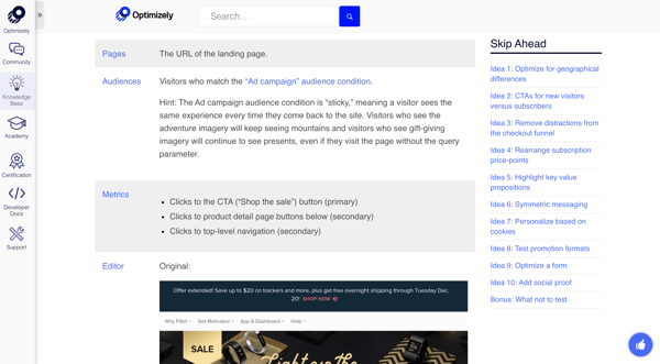 optimizely knowledge base sample article