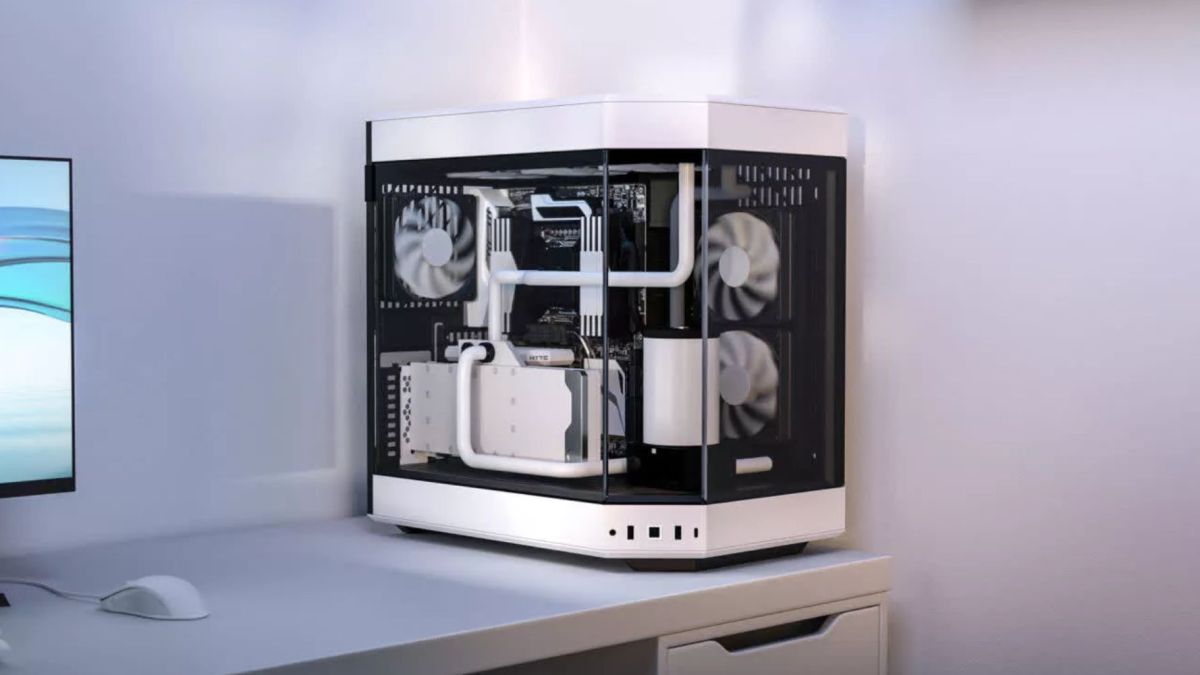 Image showing a render of HYTE Y60 PC case in white on a desk.