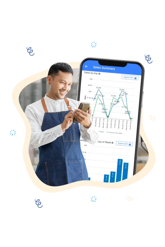 The image shows a delighted quick service restaurant owner using a mobile phone to access his business's sales data. The phone's screen displays a "Sales Summary" with graphs charting "Sales by Day" and "Average Sales by Day of Week," indicative of a mobile POS (point of sale) system. The owner's engagement with the phone, combined with his professional attire of a white shirt and blue apron, suggests he is efficiently managing restaurant operations on-the-go, reflecting the mobility and convenience offered by modern mobile POS solutions.