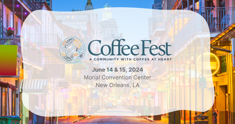 CoffeeFest NOLA branding with a photo of New Orleans in the background