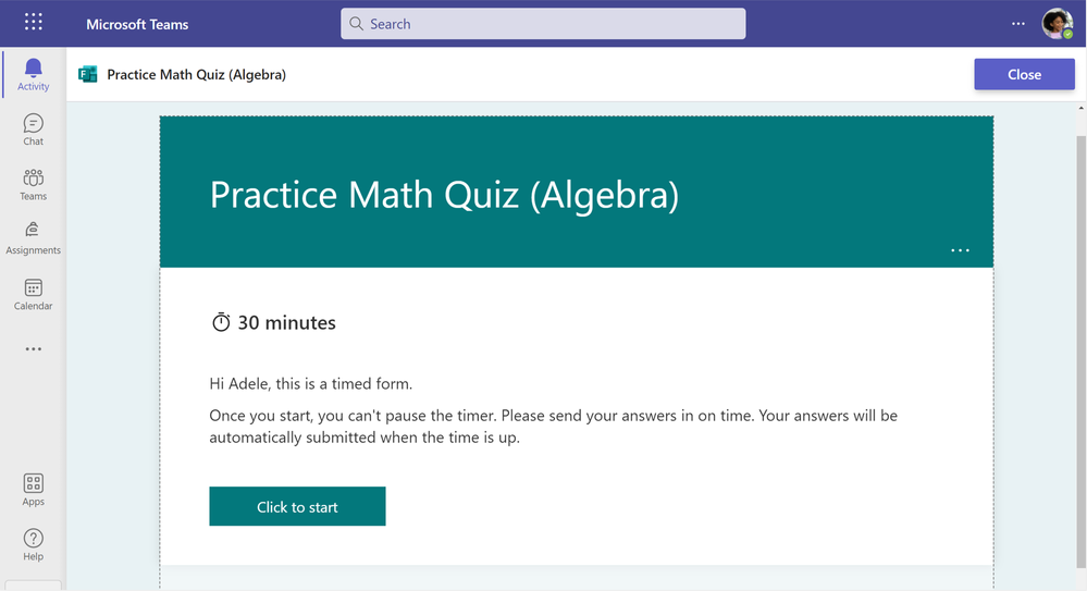 Students will get the notification and a countdown timer when the quiz is started.