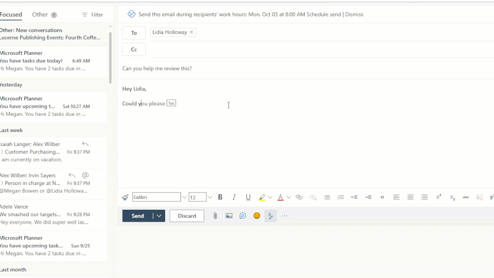 An animated image demonstrating how to @mention a file in an email message in Outlook on the web.