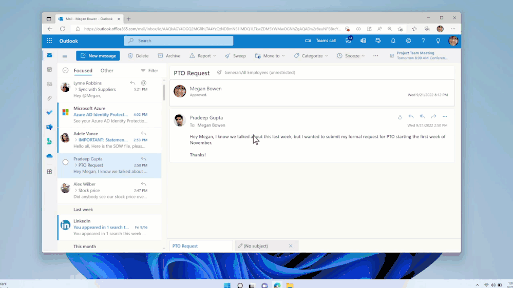 An animated image demonstrating how to access and use Microsoft Teams chat with multiple people in Outlook on the web.