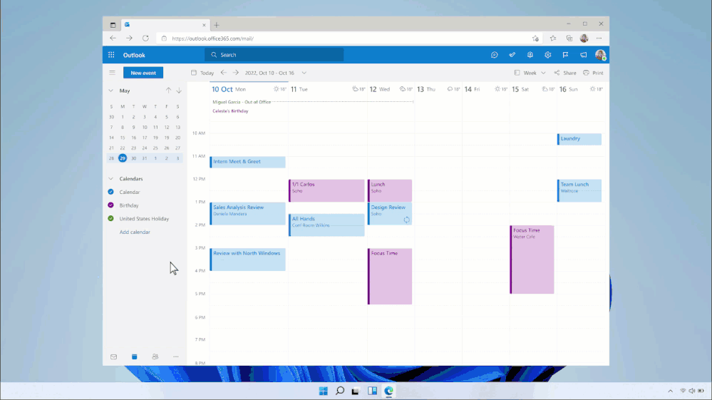 An animated image demonstrating how to access meeting recap in Outlook on the web to easily find relevant information about a meeting.