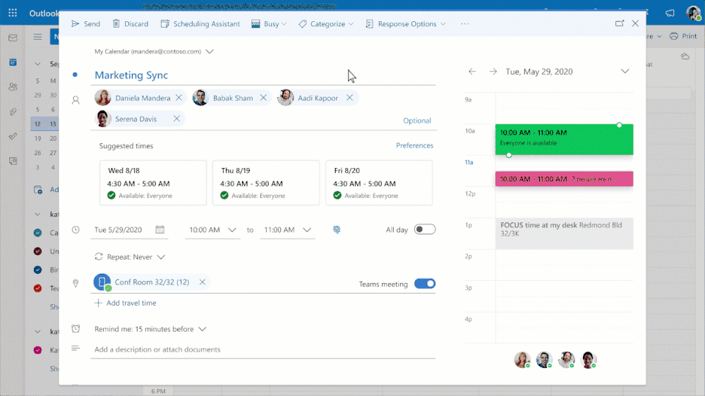 An animated image demonstrating how to browse times in the Scheduling Assistant in Outlook on the web to see when teammates will be remote or in the office.