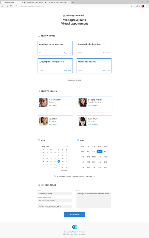 An image demonstrating a custom Virtual appointments schedule page admins can create through a hosted, self-service website with company branding.