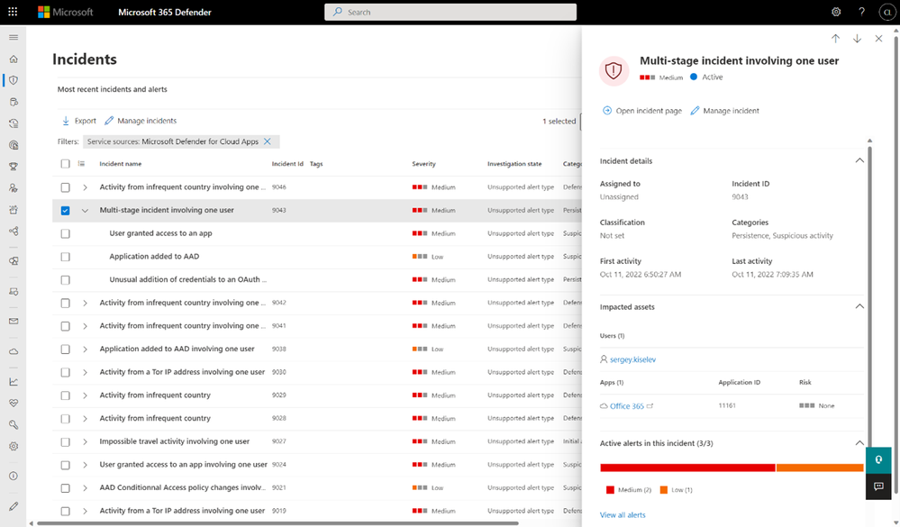 Figure 3: An incident involving cloud app based alerts in Microsoft 365 Defender