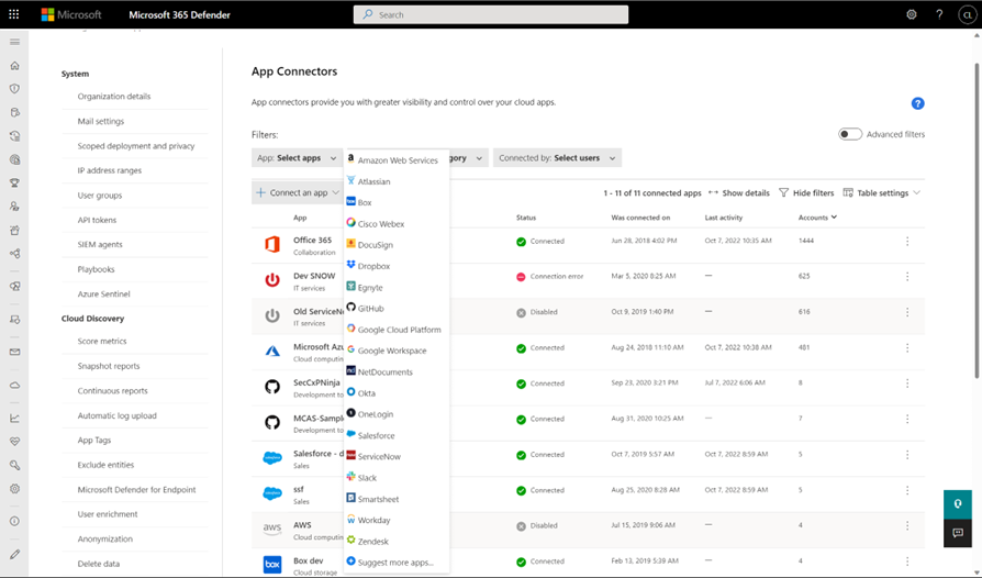 Figure 4: Settings and app connectors view in Microsoft 365 Defender