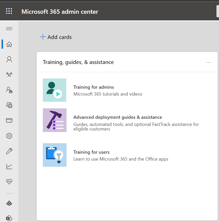 An image demonstrating how to access the advanced deployment guides in the Training, guides, & assistance section of the Microsoft 365 admin center.