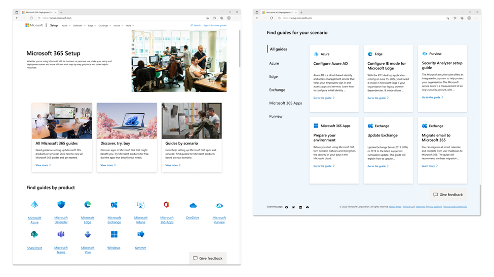 A side-by-side image demonstrating the updated design of the setup.microsoft.com website with new areas to find guides by product or scenario.