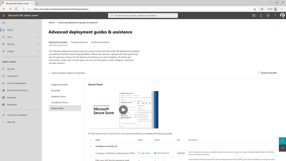 An image demonstrating the Secure Score view on the Advanced deployment guides & assistance page in the Microsoft 365 admin center.