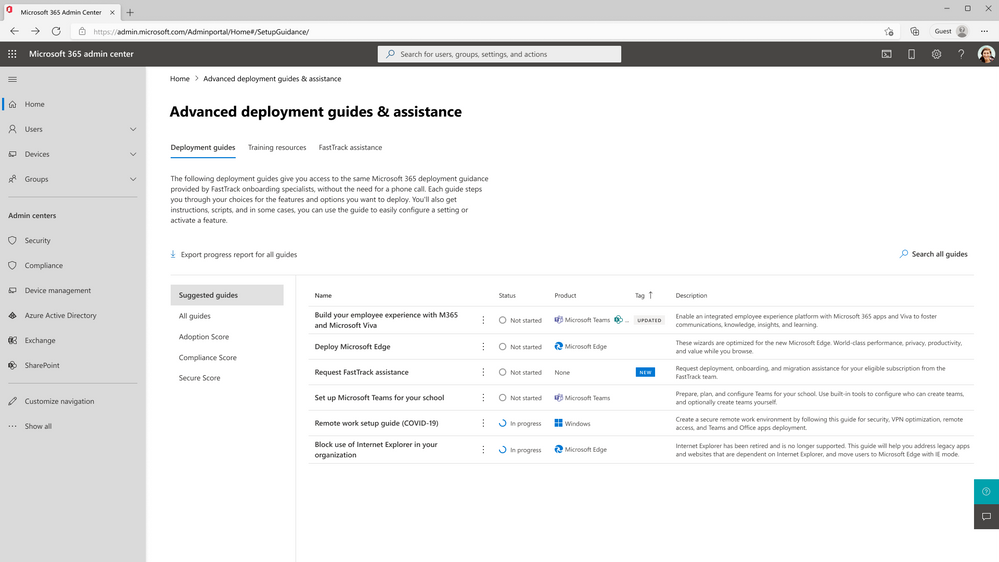 An image demonstrating the Suggested guides view on the Advanced deployment guides & assistance page in the Microsoft 365 admin center.