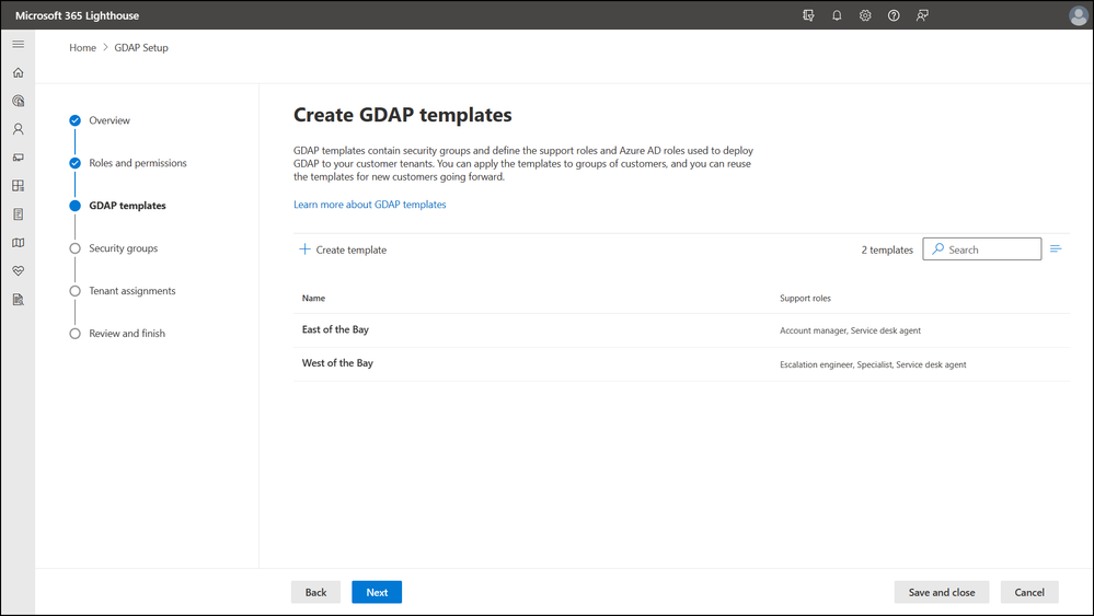 A screenshot of creating GDAP templates page in Microsoft 365 Lighthouse