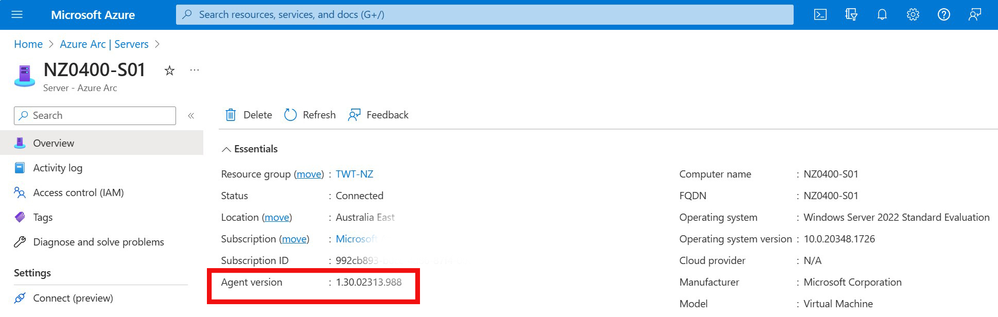 Azure Arc for Servers Overview page shows agent version number currenlty installed