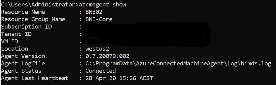 Result of the azcmagent show command to check the status of the Azure Connected Machine Agent