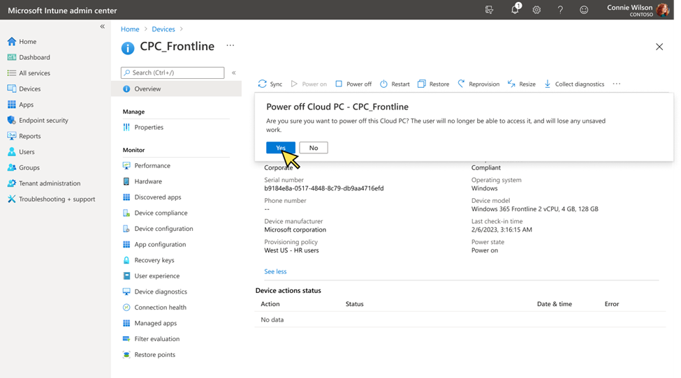 A Screenshot of the CPC_Frontline menu in the Microsoft Intune admin center, and a curser is hovering over the “Yes” in the “Power off Cloud PC – CPC_Frontline” pop-up