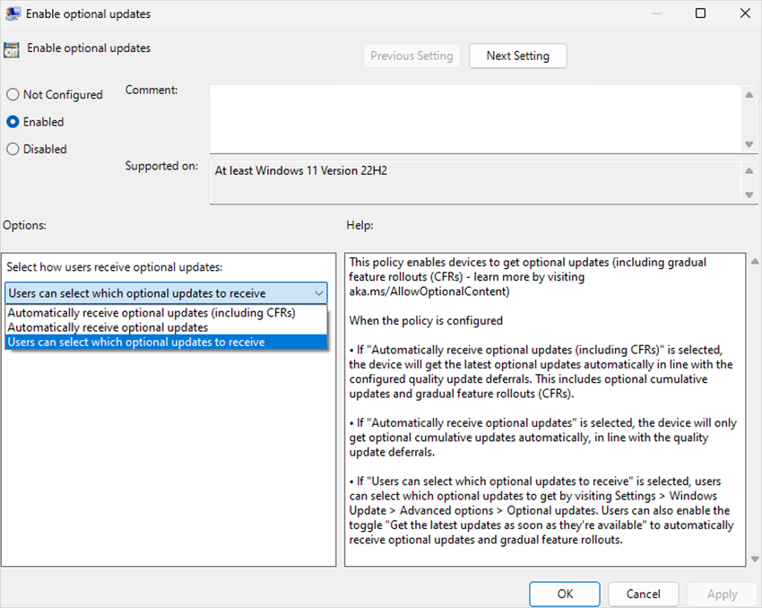 Screenshot of the policy for “Enable optional updates”
