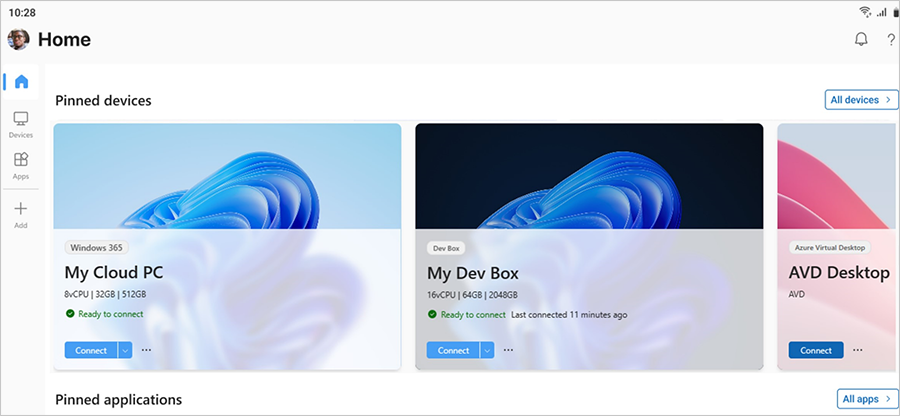 Screenshot of the Windows App showing a Windows 365 Cloud PC, a Dev Box, and an Azure Virtual Desktop as pinned devices listed above a selection of pinned applications.