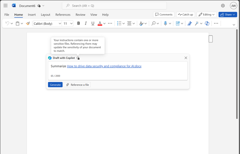 Figure 3: Sensitivity label is shown in the Copilot prompt when the referenced file is labeled