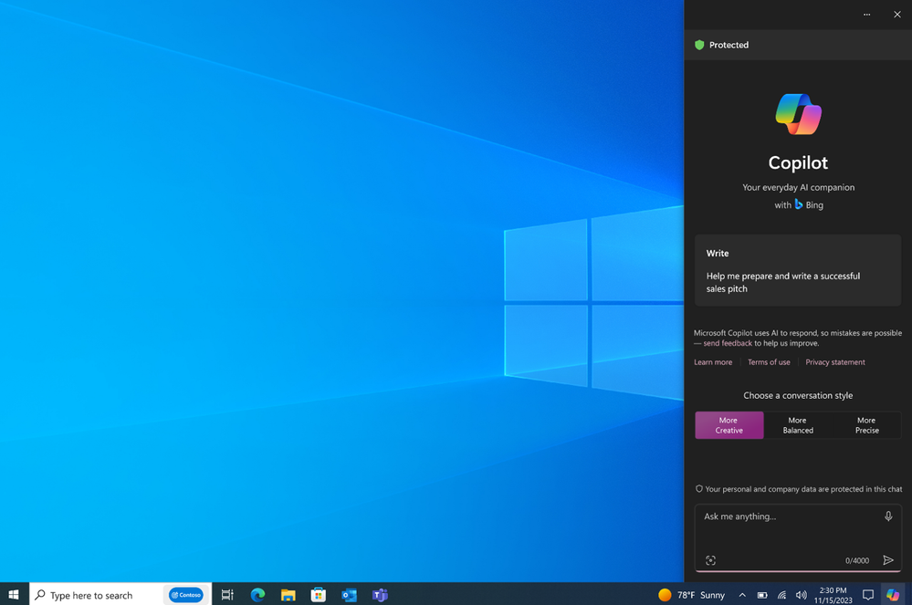 Windows 10 desktop with the Copilot icon on the taskbar and Copilot open on the right side of the desktop. (Screen simulated, subject to change. Feature availability and rollout timing varies by market and device.)