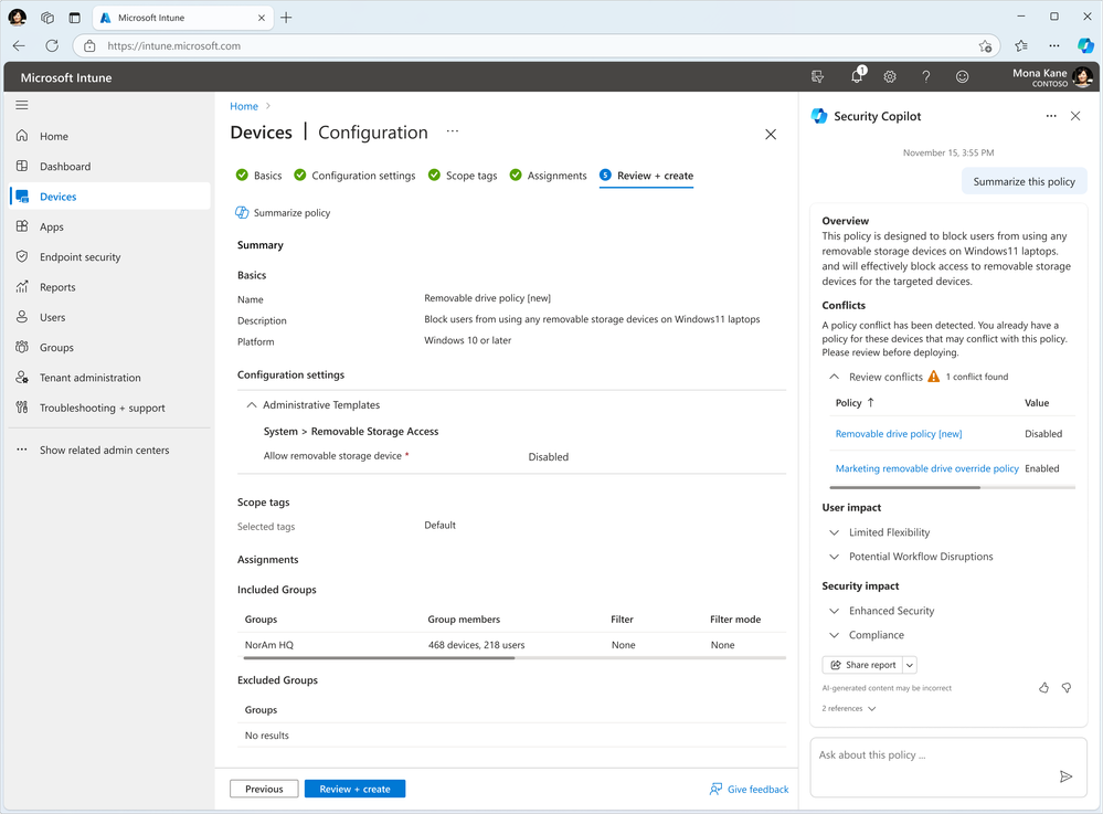 Security Copilot in Intune admin center helps IT admins to summarize policies.