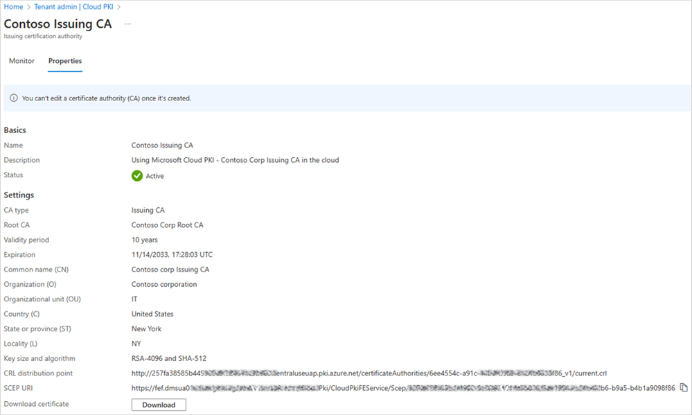 Issuing certificate properties in the Intune admin center are shown, with a SCEP URI copy & paste button, CRL distribution list URI, and  the ability to download the certificate if desired