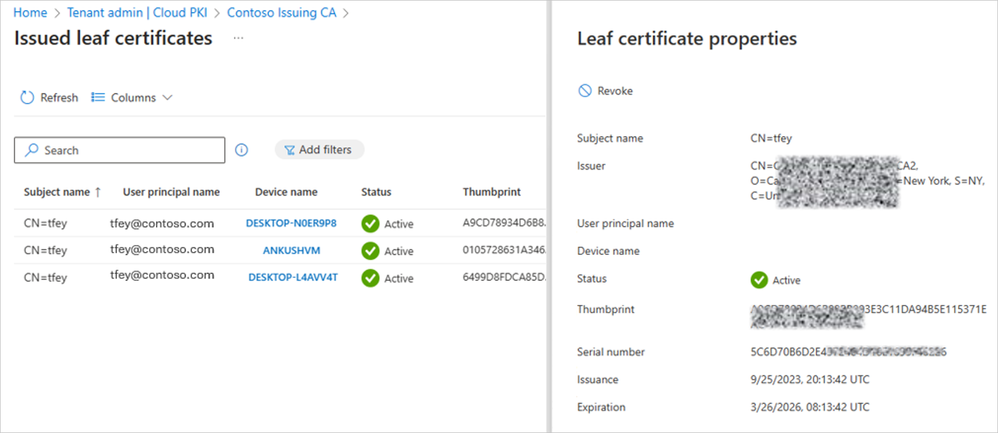 Closer view of the properties for a leaf certificate in the Intune admin center showing the subject name, issuer, thumbprint, serial number, and other details. A revoke option is shown at the top.