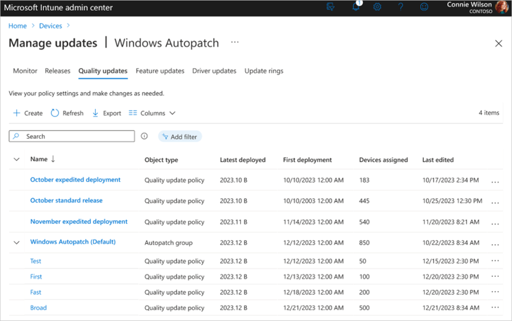 Windows Autopatch quality update policy settings as viewed in the Microsoft Intune admin center.