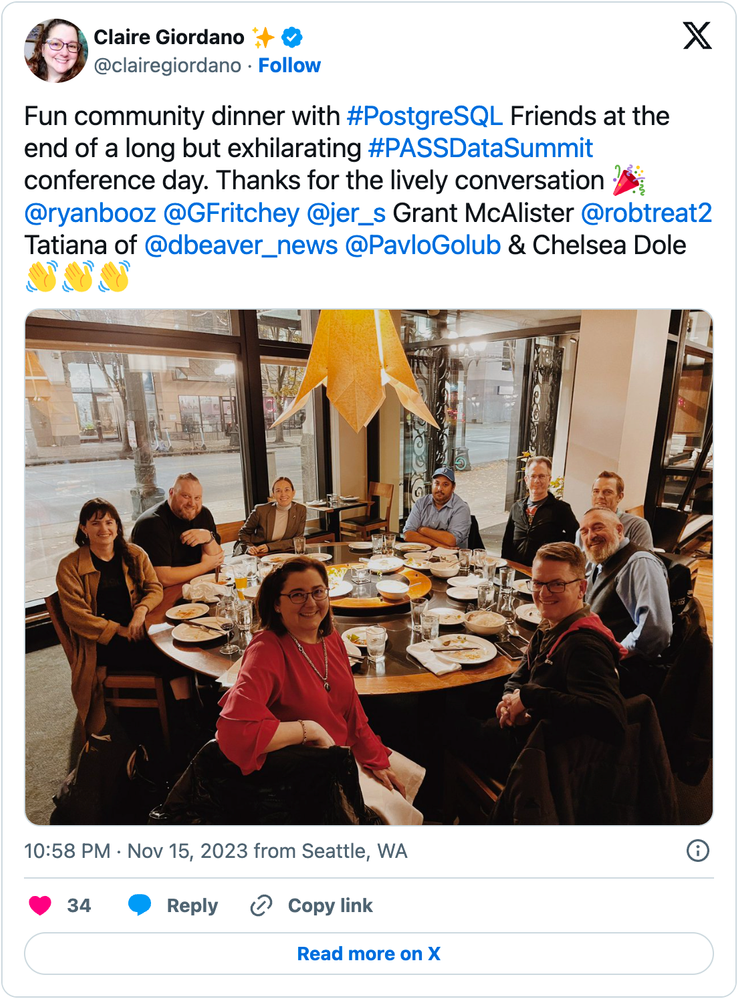 Figure12-screenshot-clairegiordano-tweet-PostgresFriends-community-dinner-at-PASSDataSummit-2023.png