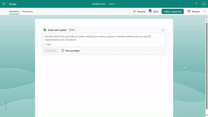 Gif showing Copilot in Forms drafting a form from suggested prompts