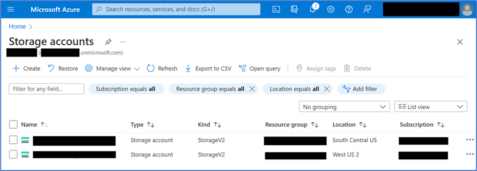 Azure Storage Account Location