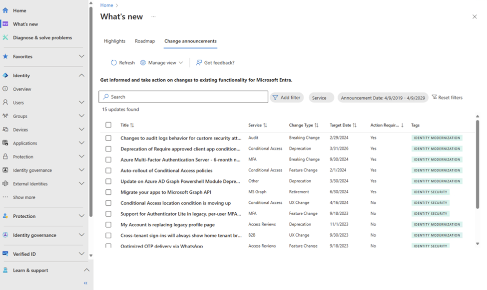 Figure 6: Change announcements tab displays changes to the existing features.