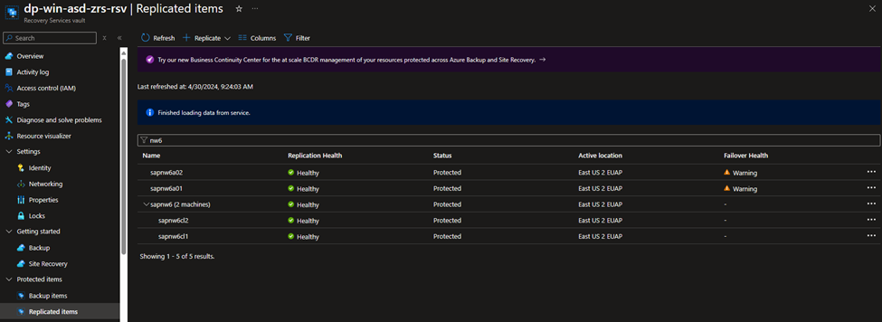 Status of SAP ASCS/ERS and application server VMs in vault (replicated items) after setting up ASR