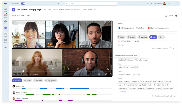 Screenshot showing keywords in Copilot for Sales from a Teams meeting recap.