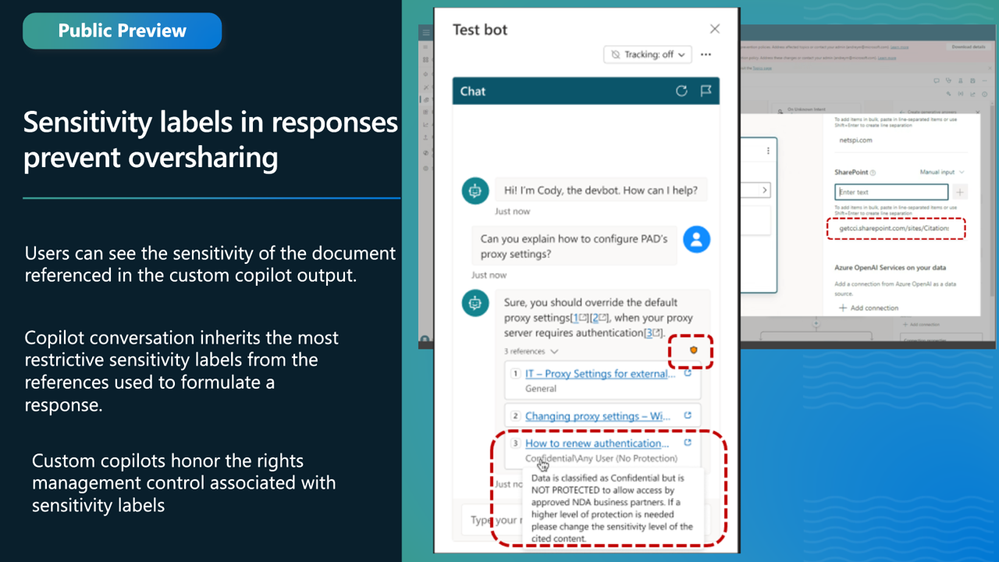 Figure 1: Copilot Studio can inherit labels from the referenced files, honor permission controls associated with the label, and enhance users’ awareness on the sensitivity of the content.