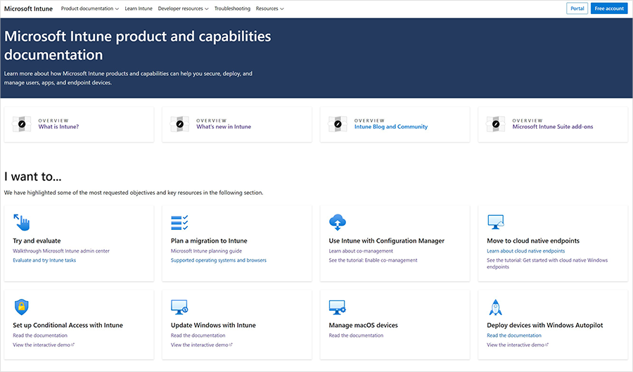 Screenshot of the Microsoft Intune product and capabilities documentation website.