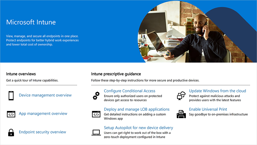Screenshot of the Microsoft Intune guide to the landing page.