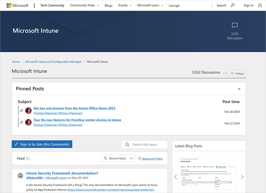 Screenshot of the Microsoft Intune discussion board on Microsoft Tech Community.