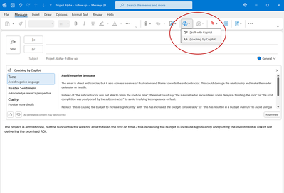 Image of a compose window in classic Outlook showing how coaching by Copilot appears in the UI