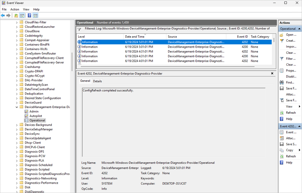 Screenshot of the Event Viewer showing successful completion of refresh as Event ID 4202