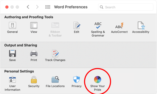 Show Your Pride setting in Word preferences on the Mac