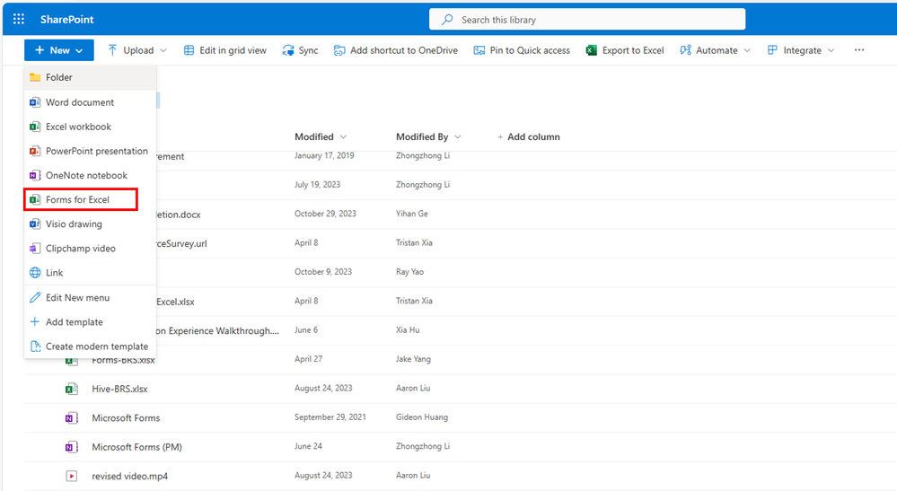 Group forms created with SharePoint Online