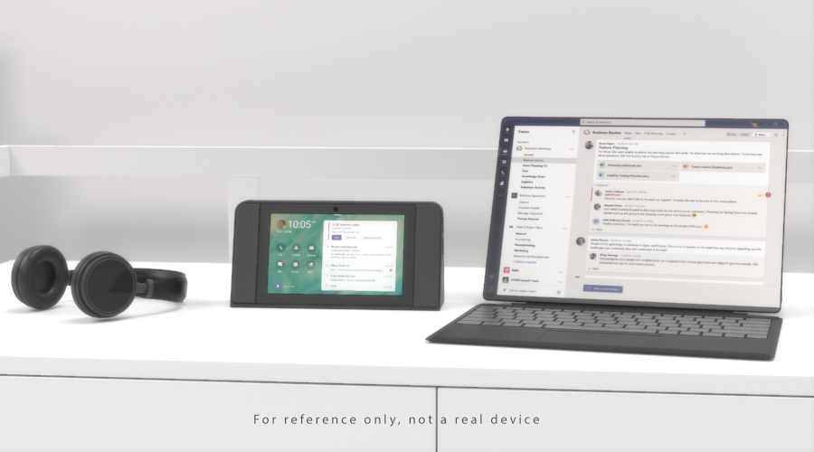 Dedicated Teams devices like Bluetooth headsets (left) and displays (center) create a more reliable calling and meeting experience.